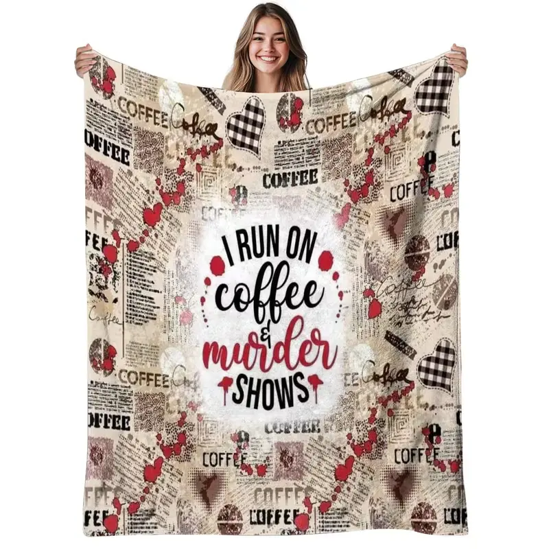 1pc Coffee & Murder Shows Inspired Flannel Blanket - Soft Warm 280gsm Heavyweight Slogan Print All-Season Cozy Throw, Crime Novelty Design, Vintage Newspaper & Coffee Cup Patterns for Bed, Sofa - True Crime Fans' Ideal Pick, Slogan Print Blanket