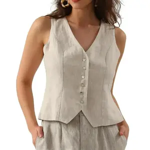 Women's Pure Linen Vest Sleeveless Button Down Crop Top V Neck Waistcoat Vest Womenswear Tube Comfort Top Minimalist Basic vest  for