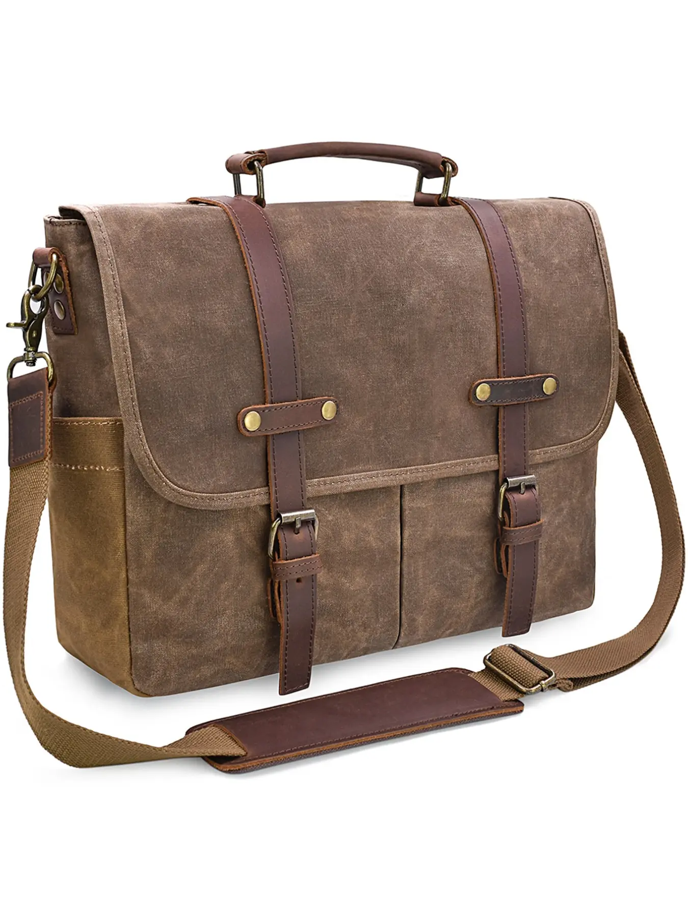Men's Messenger Bag 15.6 Inch Waterproof Vintage Leather Wax Canvas Briefcase, Large Capacity Leather Laptop Backpack, Durable Shoulder Bag, Strap, Travel Essentials