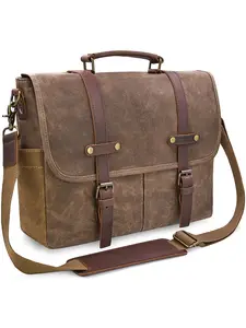 Men's Messenger Bag 15.6 Inch Waterproof Vintage Leather Wax Canvas Briefcase, Large Capacity Leather Laptop Backpack, Durable Shoulder Bag, Strap