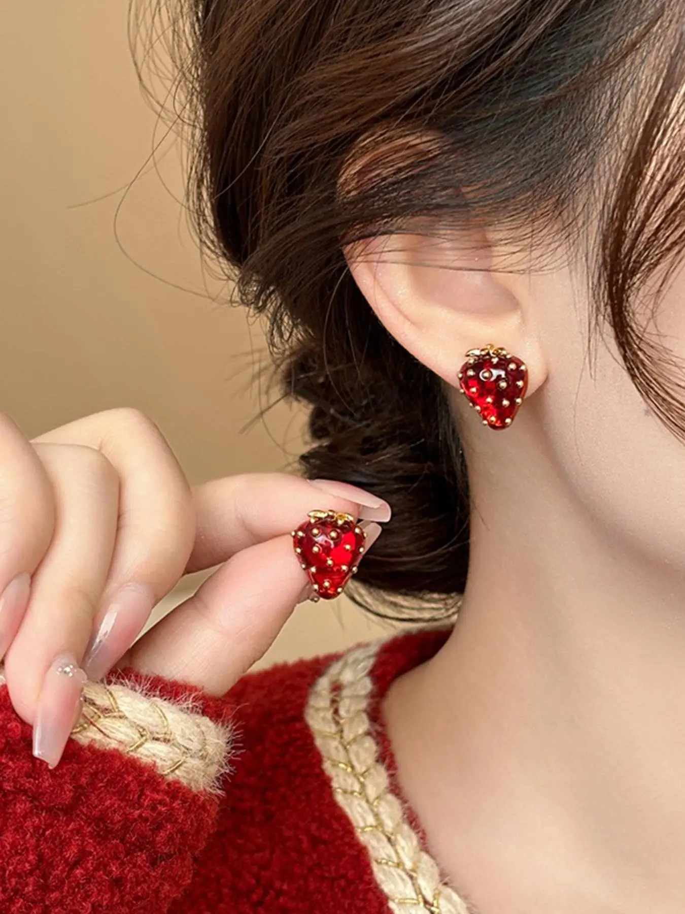 Strawberry Design Earrings, Heart Shaped Earrings, Cute Fruit Themed Earrings for Women, Fashionable Earrings, Fashion Jewelry for Party, Daily Decor, Trendy All-match & Exquisite Jewelry for Birthday Gift, Stud Earring Jewelry