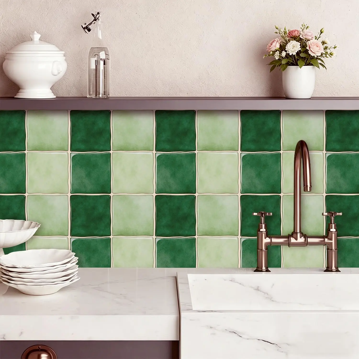 Peel and Stick Dark Green and Light Green Mosaic Tile Wall Decals, Waterproof Oilproof Removable Stickers, 10PCS Self-Adhesive Vinyl Wall Stickers for Kitchen Bathroom Home Decor