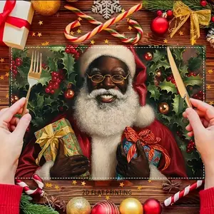 2D flat printing, 2-piece/4-piece 6-piece/8-piece set, black Santa Claus placemat -12x18 inch linen table mat, holly berry design, hand wash only, holiday table decoration, suitable for Christmas, New Year, kitchen and terrace, Christmas decorations