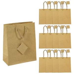 7-1/2" x 3-1/2" x 9" Medium Gold Glitter Gift Bags with Tags - 12 Pc.