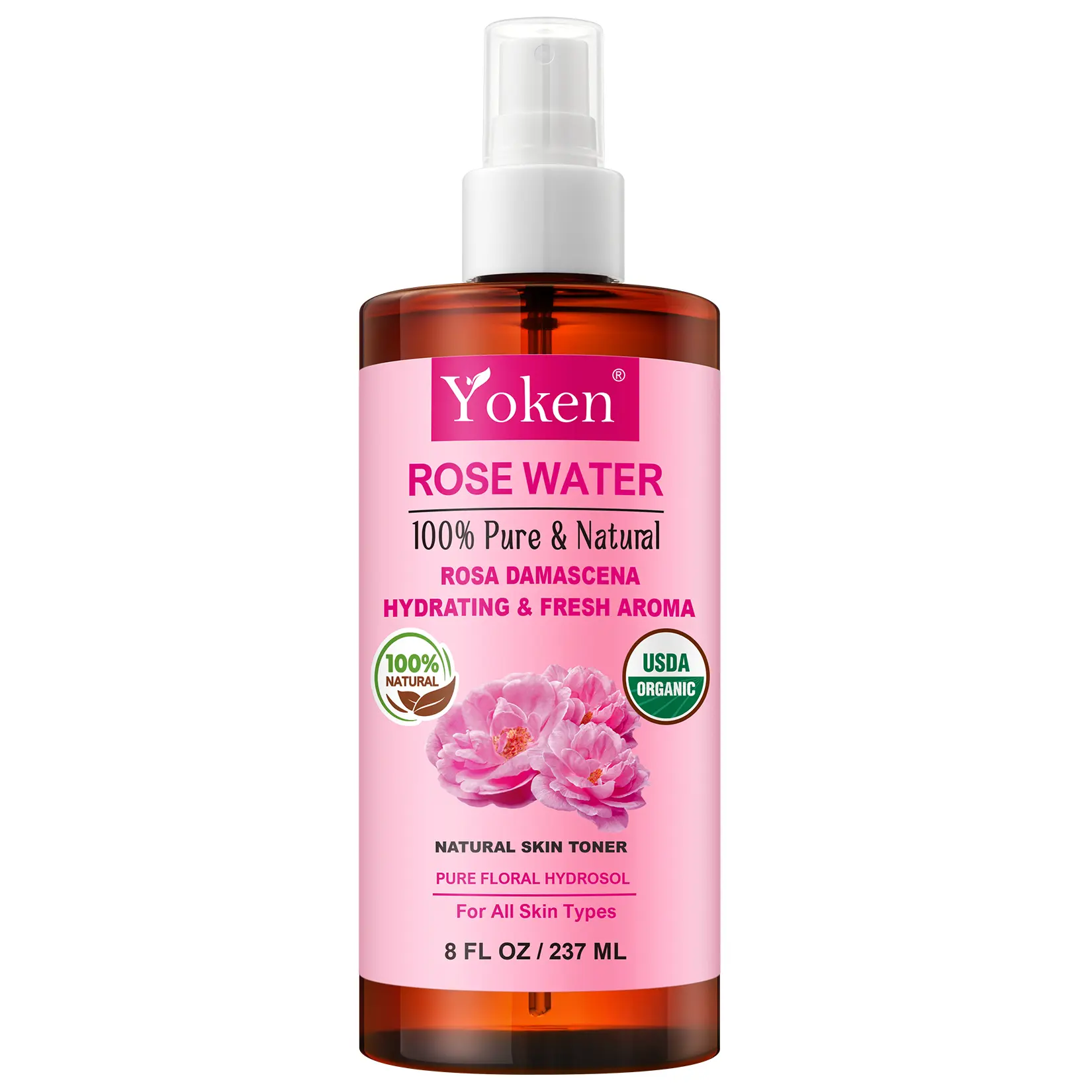 Yoken Organic Rose Water Face Spray Toner - 8 Fl Oz Fine Mist, 100% Pure Rosa Damascena Hydrosol, USDA Certified, Alcohol-Free, Vegan, Dye-Free, Hydrating Moisturizer for All Skin Types, Summer Use