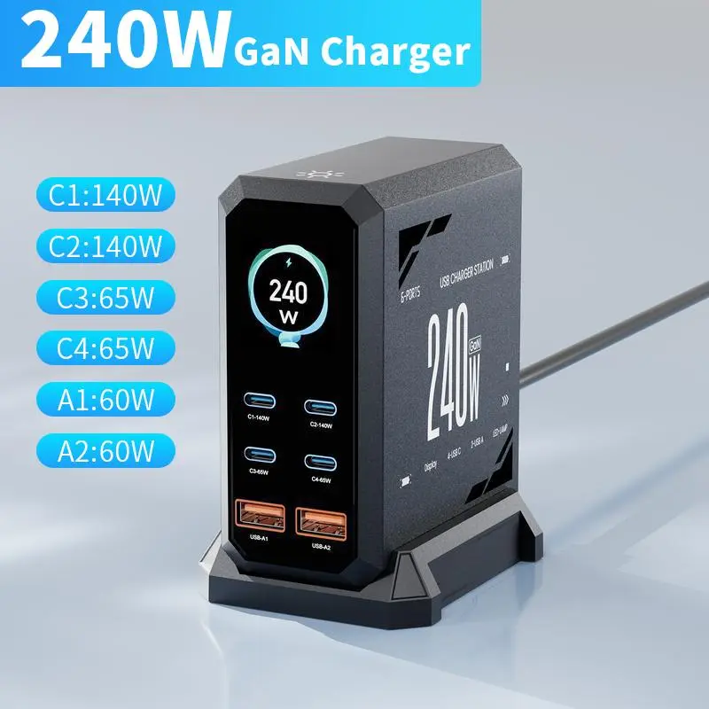 240W Digital GaN 6-Port Desktop Charging Station with Digital Screen - PD 3.1 140W USB-C Fast Block (US Plug, AC Power Supply) for Multi-Device Charging, iPhone Use, High-Speed Data Transfer Laptop Chargers & Adapters (Black)