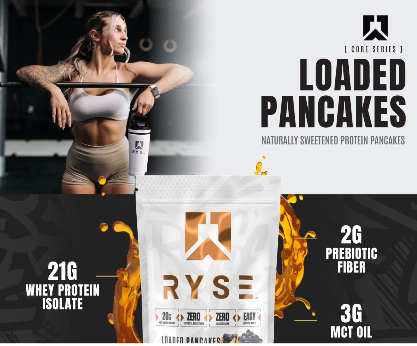 RYSE Loaded Protein Pancake & Waffle Mix - Naturally Sweetened Breakfast with 21g Protein, 3g MCTs & 2g Fiber - No Added Sugar - 6 Servings RYSE Loaded Protein Pancake & Waffle Mix - Naturally Sweetened Breakfast with 21g Protein, 3g MCTs & 2g Fiber - No Added Sugar - 6 Servings