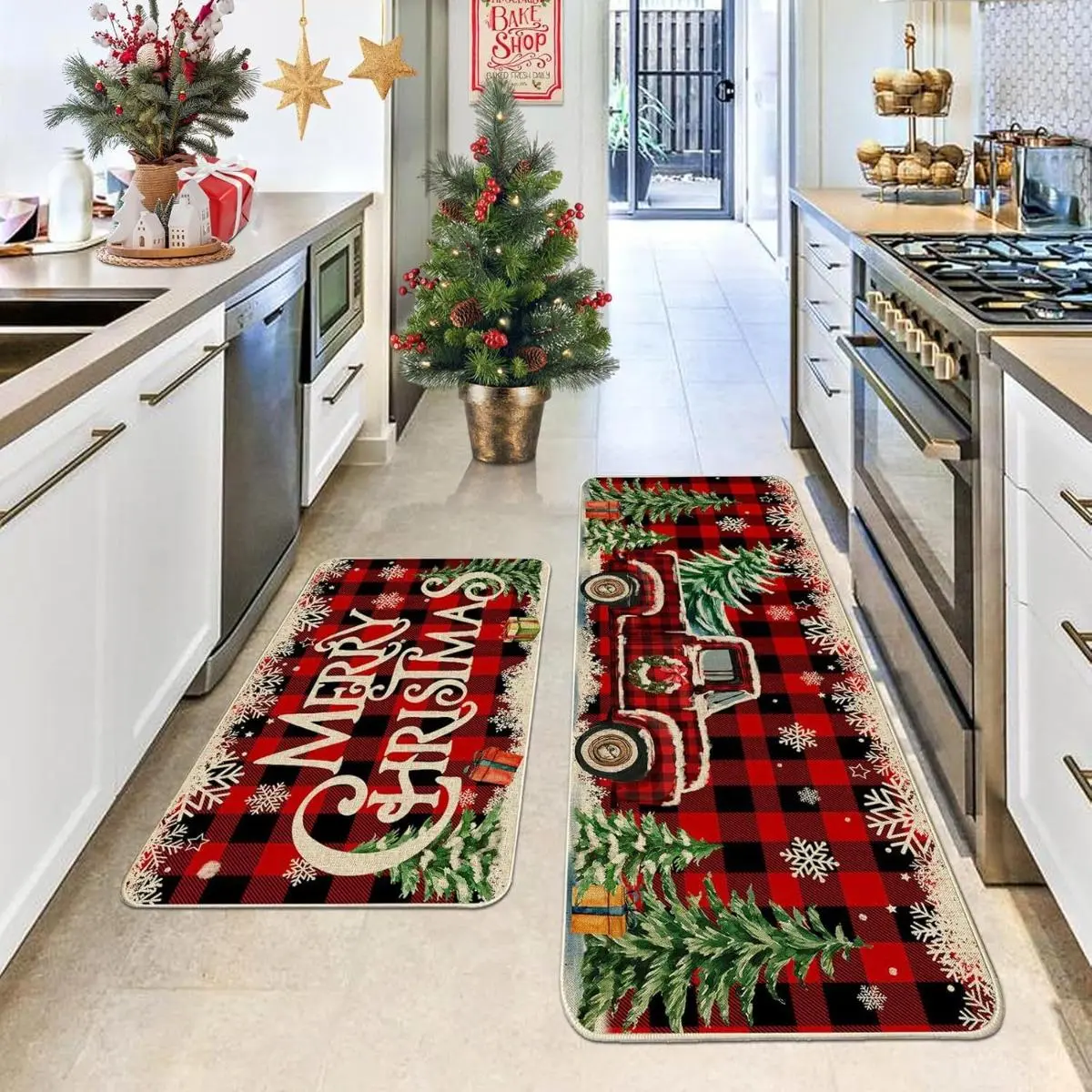 Farmhouse Christmas Kitchen Rugs 2-Piece Set, Red Buffalo Plaid Truck Design, Anti-Slip Polyester Bath Mats, Machine-Washable Indoor Decorations for Kitchen Area, 16"x24"+16"x47"