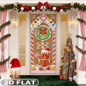 1count Christmas Gingerbread House Door Pendants and Hanging Festive Backdrops & Banners Decorative Banner - Polyester Gingerbread Door Banner for Candyland Party Backdrop Decor Indoor Outdoor, 70×30 Inches, Holiday Decor, Festive Home Decor
