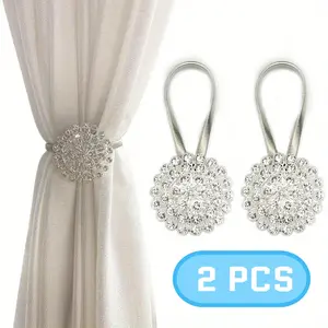 2Pcs/Set Magnetic Tiebacks for Curtains,Sparkling Crystal Flower Curtain Tiebacks,Curtain Buckle Clips with High-Elastic Spring Wire for Home Office Decoration,Halloween Party Gifts,Hand Tools Kits