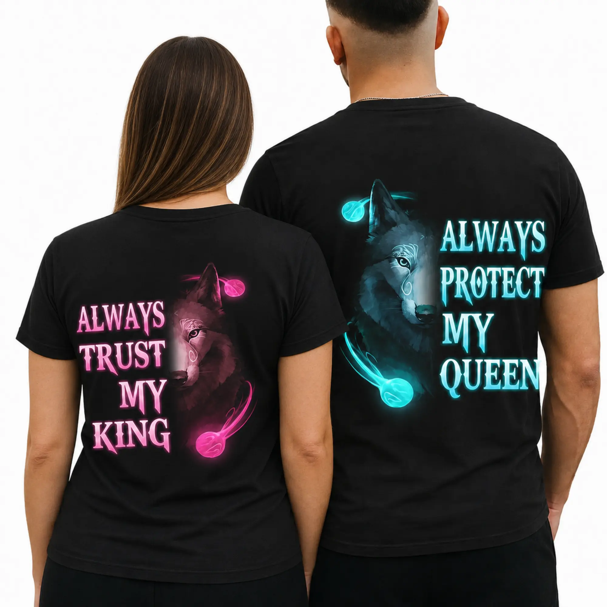 Matching Wolf Couple T-shirt Always Trust My King Always Protect My Queen Graphic Couple Tee Pure Cotton Casual Street Style Crew Neck Short Sleeve Trendy Tops For Women for Men, Perfect Gift