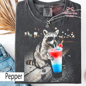 Comfort Colors® 4th of July Raccoon Drinking Patriotic Slushie  Shirt, Funny American Meme Tee, Red White Blue Popsicle Drink Shirt