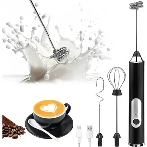 GMOX Rechargeable Handheld Milk Frother for Coffee, Christmas Gift| Electric Milk Frother with Detachable 3 Whisk Heads, , Lithium Battery, Food Contact Grade Stainless, 3-Speed Beverage Mixe