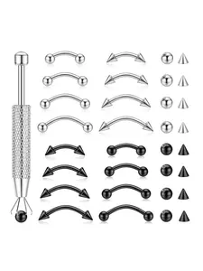 16PCS Eyebrow Piercing Jewelry With Replacement Balls and Spike, Curved Barbell Piercing Jewelry, Vertical Labret Lip Jewelry, Rook Piercing for Women Men