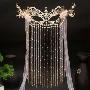 Retro Pearls Face Veil Mask Chinese Style Face Jewelry For Women Vintage Tassel Masquerade Masks Classic Wedding Bride Headwear