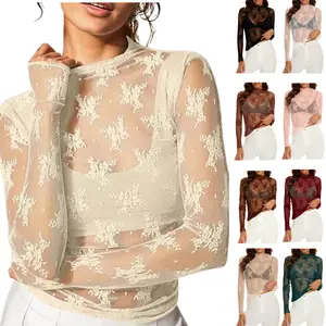 Molitree Lace Tops for Women Mesh Top Long Sleeve Floral Shirts Slim Fitted Outfits See Through Blouses Top