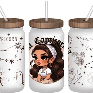 Zodiac 16oz  Glass Cup with Uvdtf Wrap and Plastic Straw