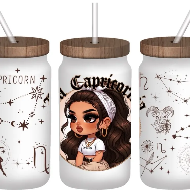 Zodiac 16oz  Glass Cup with Uvdtf Wrap and Plastic Straw