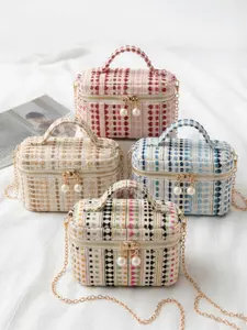 Women's Mini makeup bag,Featuring Striped and Polka-Dot Patterns. A Compact, Box-Style Pouch that Doubles as a Cute, Stylish Crossbody Bag. Ideal for Use as a Wallet or Handbag. Adorned with a Metal Chain Strap. Perfect for Home Use, Travel