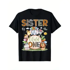Individualistic round-neck short-sleeved shirts for Boy and girl 🔥   Sister of the Wild One" Safari Animal Theme 1st Birthday T-Shirt for Boys - Soft Cotton, Breathable, Comfortable Short Sleeve Tee with Jungle Animals & Floral Design, Perfect Gift for Yo