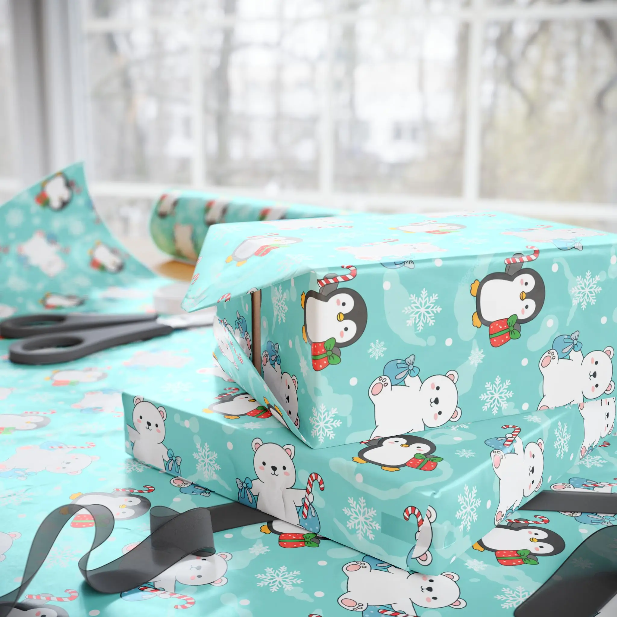 Glossy Adorable Penguin Wrapping Paper, Holiday Gift Wrap, Christmas Wrapping Sheets, Cute Winter Gift Paper, Birthday Wrap, Eco-Friendly