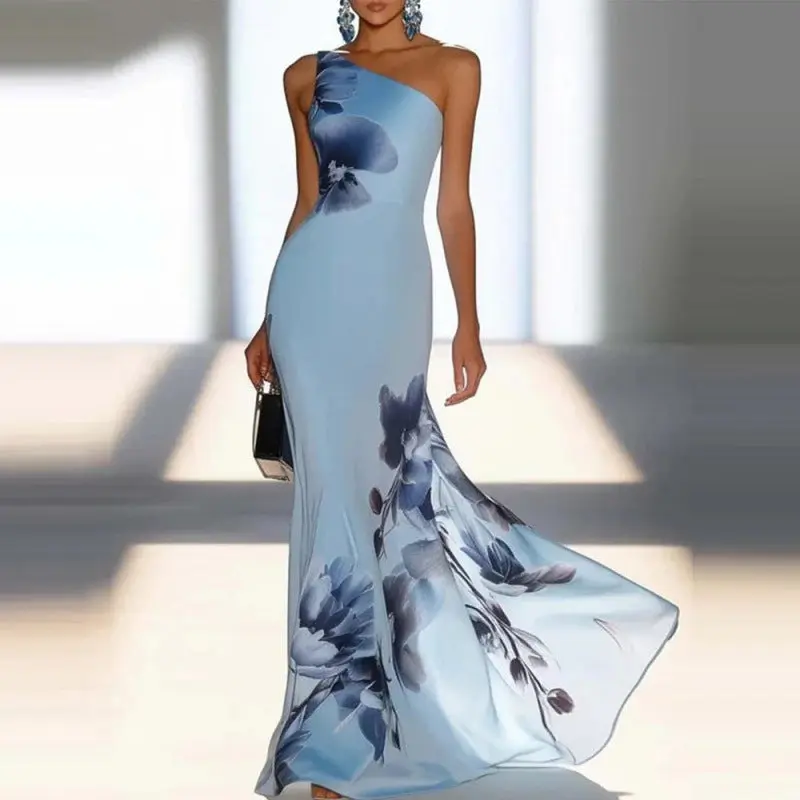 Style Independent Brand Blue Printed One-Shoulder Long Dress 2026 New Elegant And Graceful Party Gown Dress