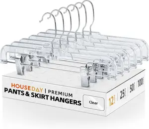 HOUSE DAY 12 Pack 14 Inch Clear Plastic Skirt Hangers with Adjustable Clips, Pants Hangers 360-Rotating Swivel Hook, Clip Hangers for Pants, Trousers, Skirts, Jeans, Bulk Plastic Hangers Hanging Metal