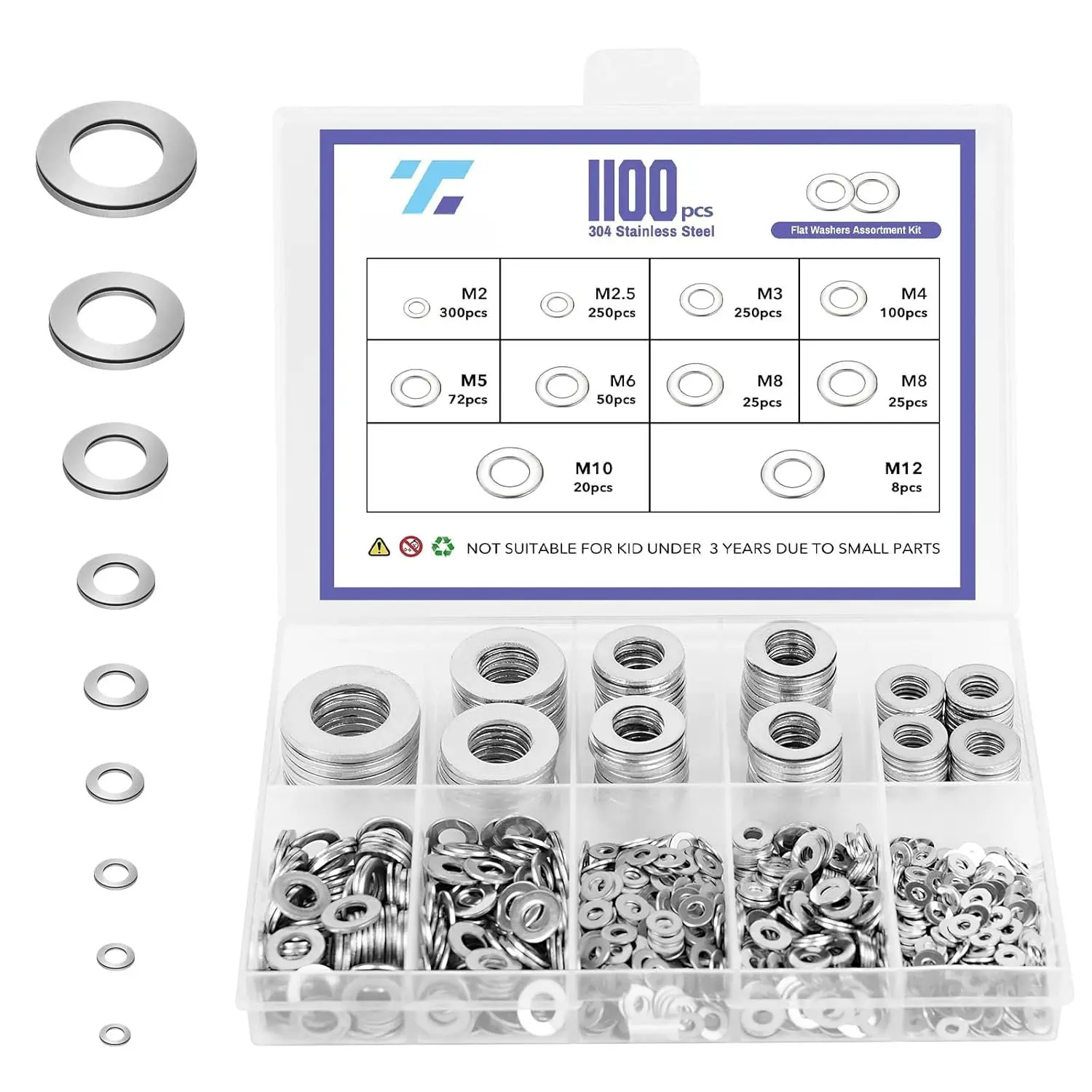 1100 count Flat Washers Assortment Kit, 304 Stainless Steel Metric Washers Set M2 to M12 (9 Sizes), Durable Hardware Washers for Screws and , Automotive, Industrial and DIY Projects