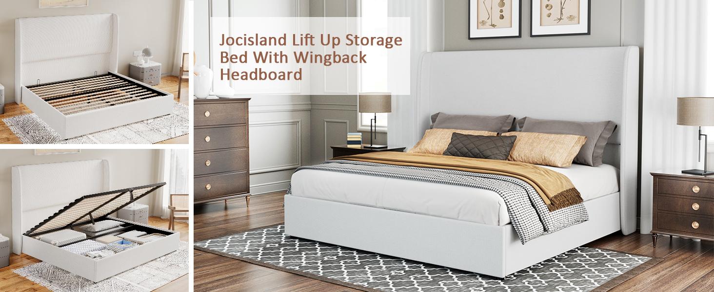AMERLIFE Modern Lift Up Storage Bed with 52.1" Linen Upholstered Wingback Headboard, Platform Bed Frame with Large Underneath Storage Space/Hydraulic Menchies- King size(ships in 2 boxes)/Best Gift Ideas/Christmas Gifts