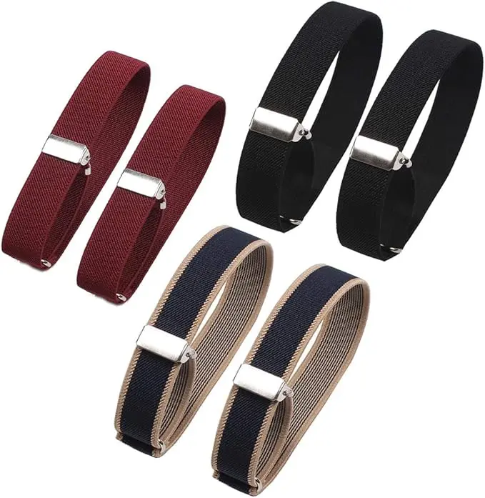 Unisex Anti-Slip Shirt Sleeve Holders - 6 Pieces (3 Pairs) Elastic Adjustable Arm Garters for Daily Wear, Black, Wine-Red, Blue with Beige Edge, Six Pieces