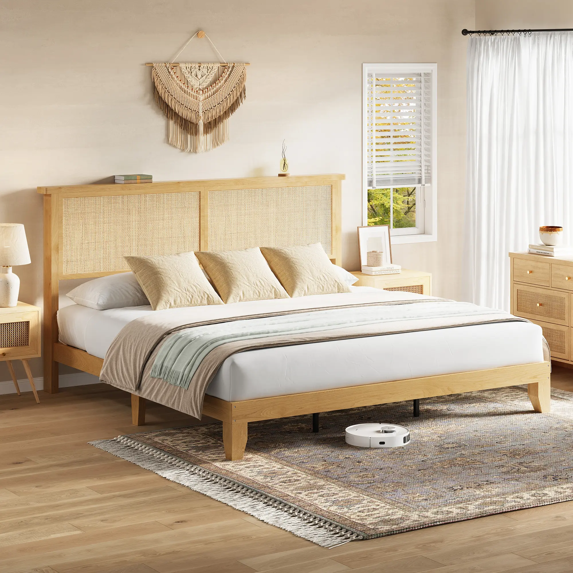 Full Size Bed Frame with Natural Rattan Headboard, Platform Bed Frame with LED Lights, Boho Wood Bed Frame with Under Bed Storage, Noise-Free, No Box Spring Needed