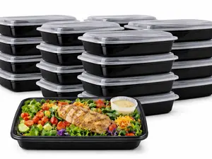28oz One Time Use Plastic Black BPA Free Food Prep Containers, Nuts Container, Bento Box, Fast Food Take Out Box, BBQ Box, Portable, Stackable, Extra Thick, Microwavable, Freezer Safe, Disposable, Leak proof, Dish Washer Safe