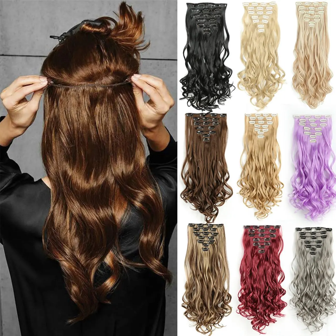 7pcs Natural-Looking Long Curly & Wavy Hair Extensions for Women 140g Clip-In Wig Set with 16 Clips for Daily Wear in Multiple Colors