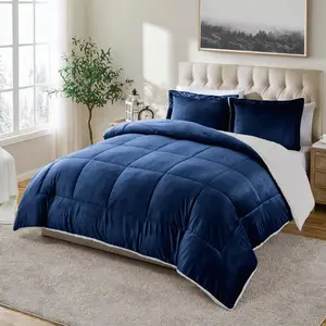 Navy Full Size Comforter - Ultra-Plush Micromink & Sherpa, Box-Construction, Heavy Weight, Durable, Machine Washable (76" x 86")
