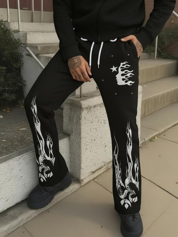 Unisex Black Flame & Star Graphic Print Sweatpants Streetwear Gothic Casual Drawstring Joggers 100% Polyester Unique Design