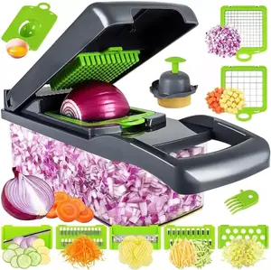 14-in-1 Multifunctional Vegetable Chopper with Razor-Sharp Stainless Steel Blades Interchangeable Dicing Slicing Blades Portable All-in-One Chopper for Kitchen & Camping Use Potato Onion BPA-Free Plastic Container Lid 2 Blade Sizes 5 Extras Egg Separator