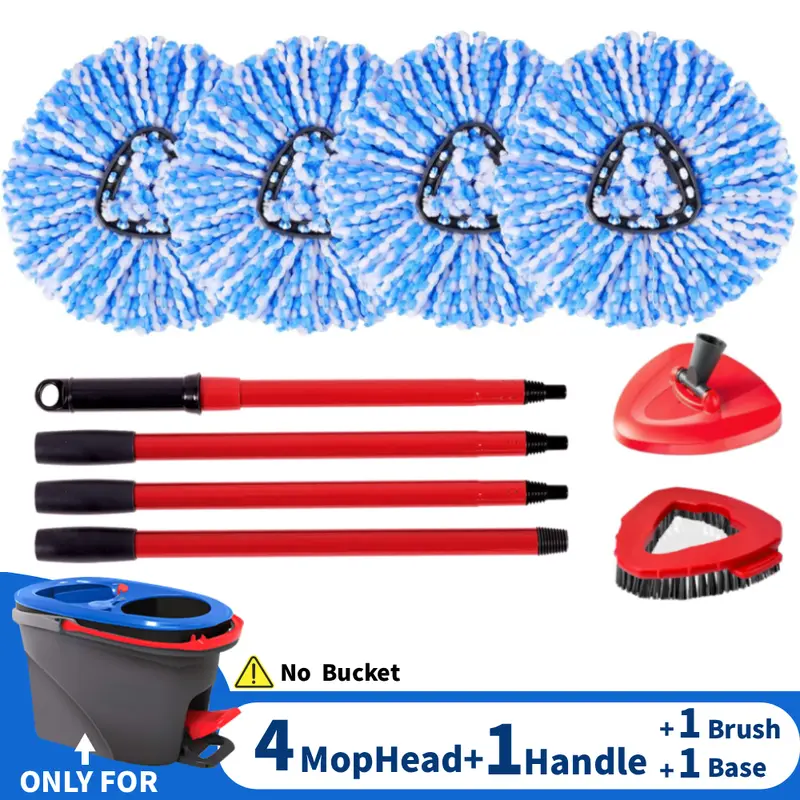 Spin Mop Head, Base, Handle Replacement for O-Ceda 2 Tank System | Include 4 Microfiber Mop Refills, 1 Triangle Head Cover, 30-58in Adjustable Handle,Compatible with Ocedar RinseClean Spin Mop