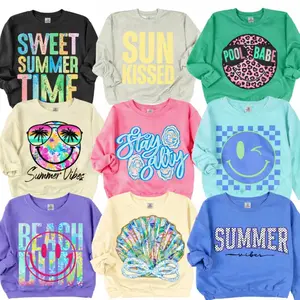 Summer Vibes Graphic Sweatshirt, Colorful Beach Aesthetic Crewneck, Cute Trendy Women’s Summer Sweatshirt, Pool Babe Sunshine Beach Club Retro Smiley Ocean Shell Vacation Outfit, Gift for Beach Lovers
