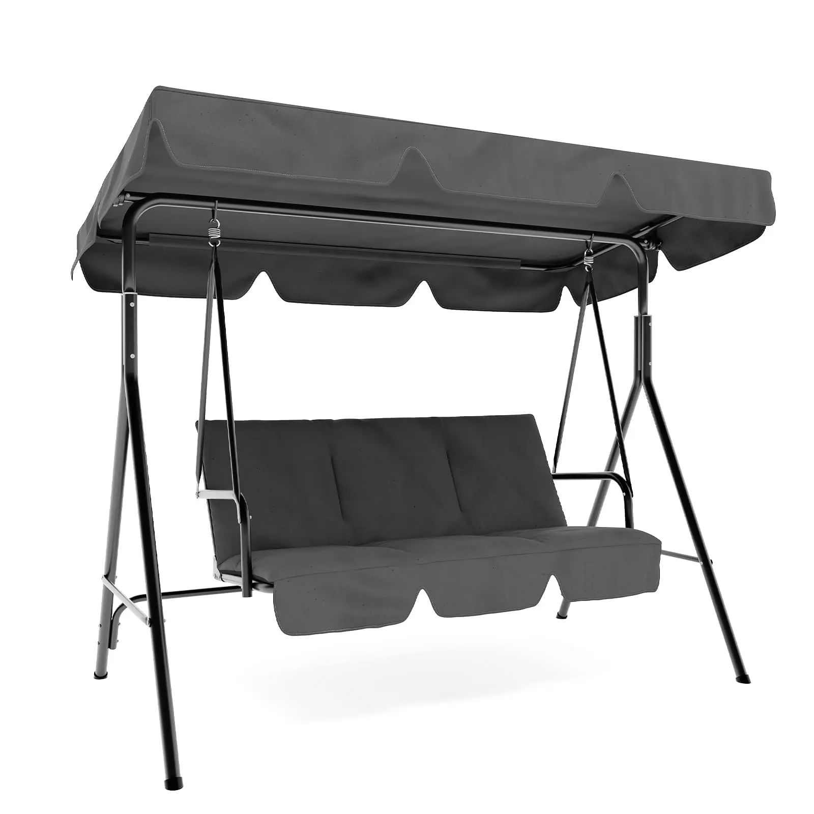 Garvee 3-Seat Outdoor Porch Swing, Heavy-Duty Patio Swing with Stand & Adjustable Canopy, Metal Frame with Removable Cushions, Powder-Coated Steel Frame, for Backyard, Garden, Porch - Grey