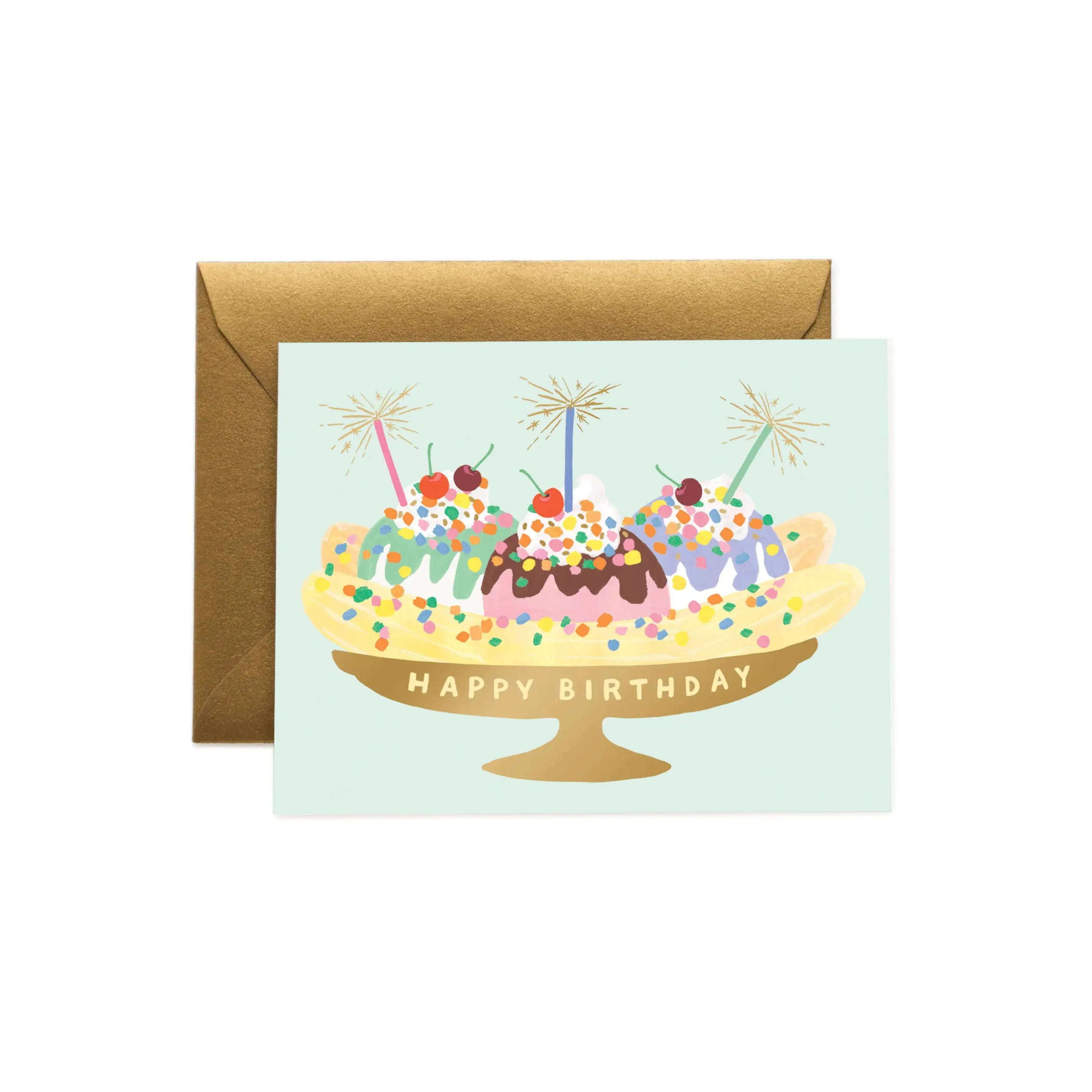 Rifle Paper Co. Foil-Stamped Banana Split Custom Message Birthday Card, 4.25x5.5in Office Stationery Card, Custom Message Card