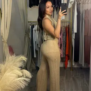 Elegant Wear Womenswear Beachwear Matching Double Lined Crochet Sparkly Pant Set for Stylish Summer Outfits