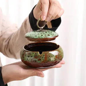Handmade Ceramic Lidded Ashtray Exquisite Pattern Ash Holder for Patio Desktop Office Indoor Home Decor Mix Green M-Size