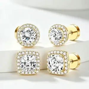 4-Piece Luxury Stud Earring Set for Women & Men, Classic Round and Square Earrings in Gold/Silver Sparkling Tone, Hypoallergenic Fashion & Exquisite Jewelry for Birthdays, Anniversaries and Special Occasions