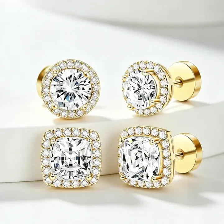 Women's 4-Piece Fashionable Jewelry Accessories Set - Gold/Silver Sparkling Classic Round Square Studs, Hypoallergenic Lightweight Comfortable Gold Setting Earrings for Daily Elegance, Birthdays, Anniversary