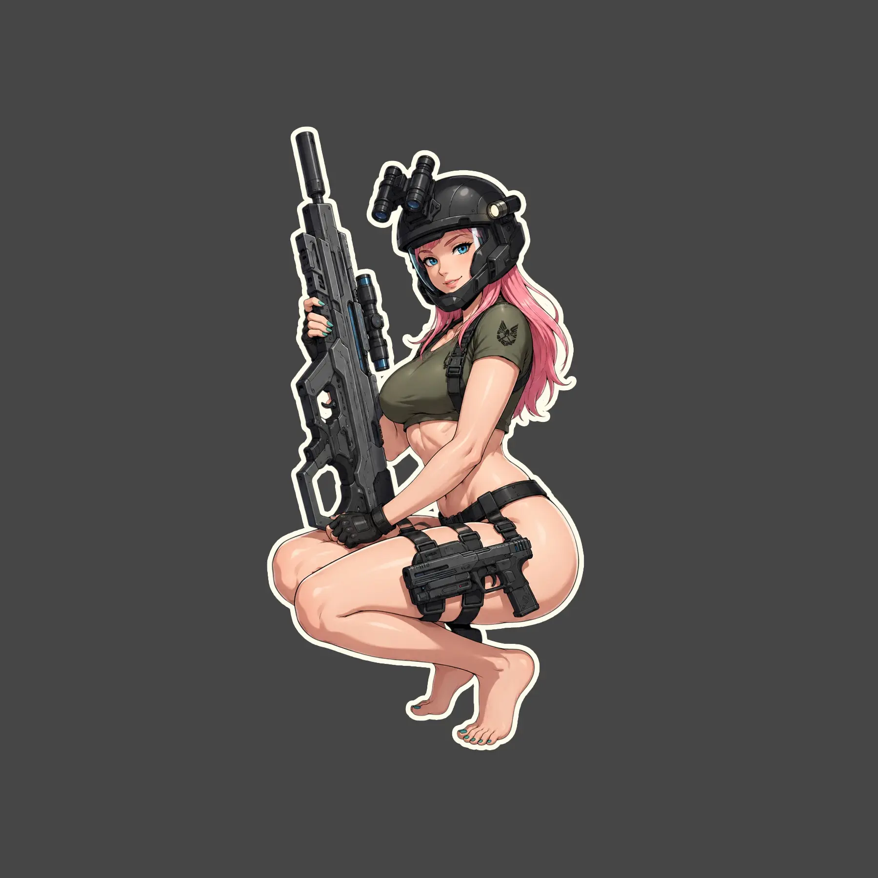 Night Ops Pin Up Anime Decal - NVG Helmet Waifu with Rifle - Heavy Duty Ammo Can Sticker