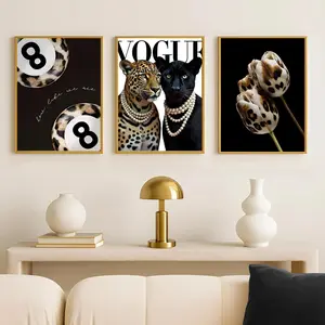 3pcs/set Leopard Rose Fashion Poster Leopard Match Sexy Women And Leopards Fashion Wall Art Canvas Painting Nordic Poster Room Decor, Frameless Posters