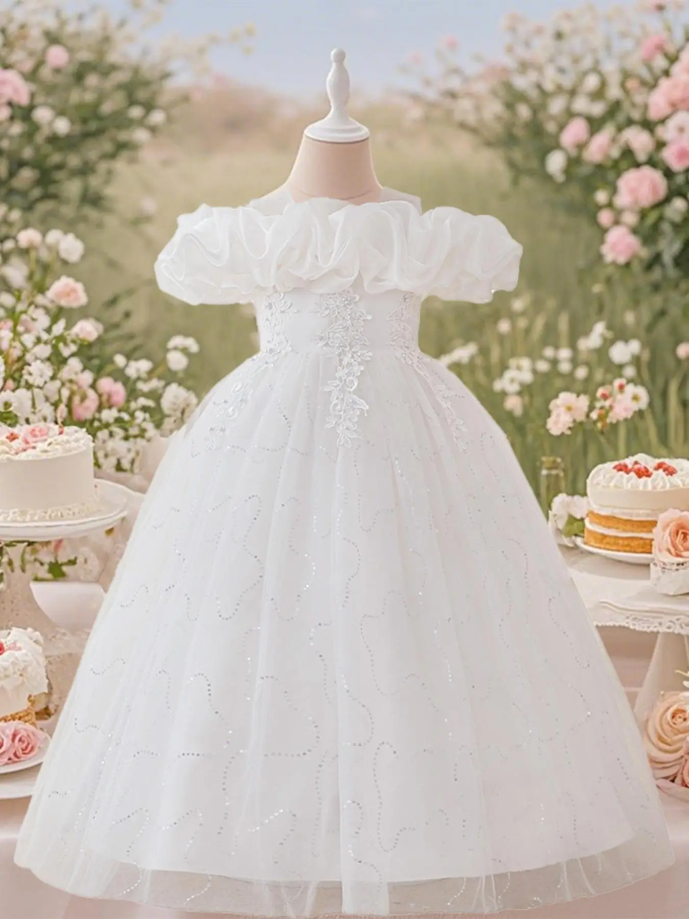 Girl's Floral Embroidery Contrast Sequin Faux Pearls Zipper Back Fit and Flare Party Dress, Elegant Contrast Mesh Maxi Tutu Dress for Party Performanc