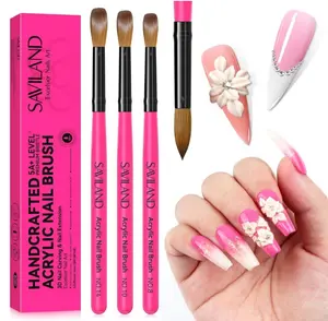SAVILAND Acrylic Nail Brushes Set: Sizes 8, 10, 14 Nail Brushes for Professional Acrylic Powder Applications, Nails Extension, 3D Carving for Home Salon DIY Nail Art Brush Manicure Acrylics Tools Pink