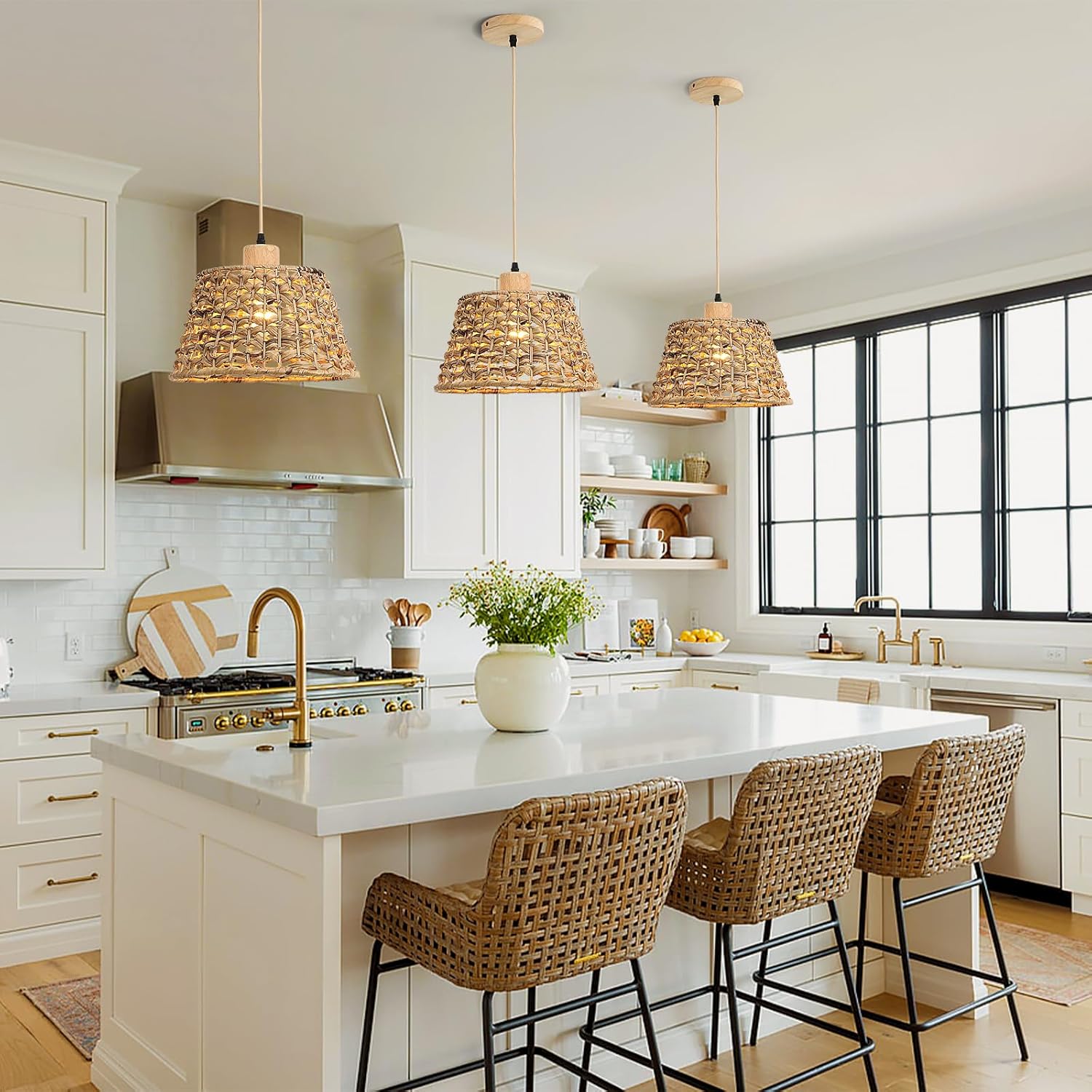 Rattan Boho Pendant Light, 12" 1-Light Hand-Woven Wicker Water Hyacinth Cone Hanging Light for Kitchen Island Dining Room