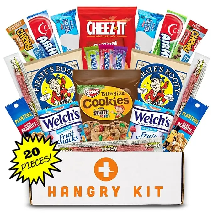 Hangry Kit Mega Care Pack (Essential Kit) - Snack Box Kit - Birthday Snack Box Gift for Adults & Kids -- (20 count) Gift Basket Care Package Ideal for College Students -- Contains Birthday Snacks, Cookies, Chips, Candy. Party Variety Gift Box.